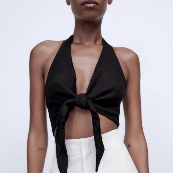 Zara Tops - NWT Zara black linen halter front tie crop top women’s sz M